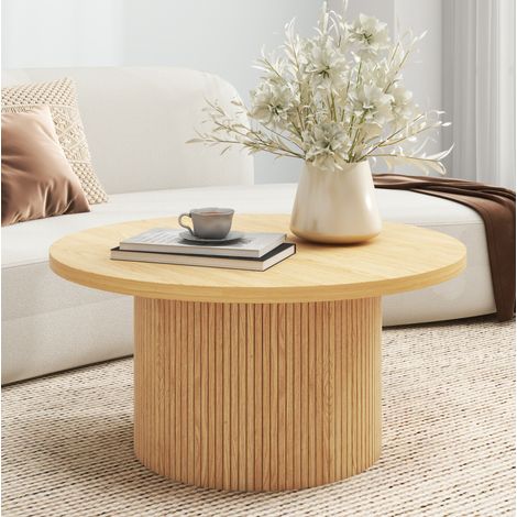 Table basse ronde en bois massif et MDF, finition naturelle, gain de place (1/5)