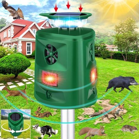 Répulsif solaire à ultrasons 360° pour animaux – Détecteur de mouvement jusqu'à 9m – Construction étanche IP44 – Recharge USB incluse