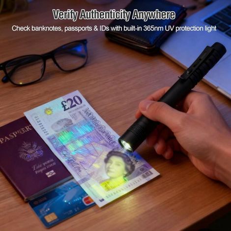 Lampe torche UV 13 cm, lampe torche ultraviolette, lampe torche LED stylo avec clip de poche ultra-compact, fonctionne avec 2 piles AAA (non incluses) (1/4)