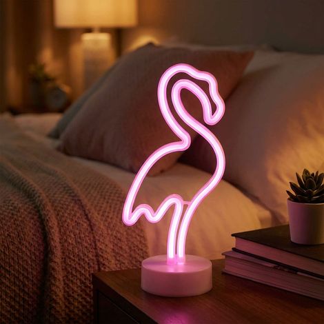 Lampada da tavolo lampada al neon fenicottero camera dei bambini luce al neon lampada decorativa a batteria, plastica bianca, LED 2W rosa, H 33 cm (1/5)
