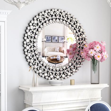 Miroir mural rond avec cadre en strass scintillant, style luxueux et glamour pour la décoration intérieure (1/5)