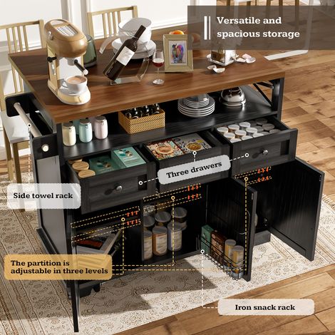 Îlot de cuisine moderne (118×43-70×98cm) meuble de rangement avec placards, table roulante en bois grainé noir, étagères multifonctions, séparateurs amovibles, porte-serviettes, 4 roulettes. (1/5)
