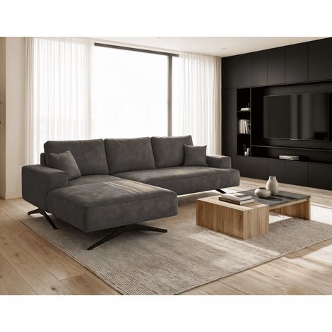 Emporius Canapé d'angle fixe Zenaro - tissu velours, gauche - canapé 260 cm, pieds 15 cm, Gris foncé (1/5)