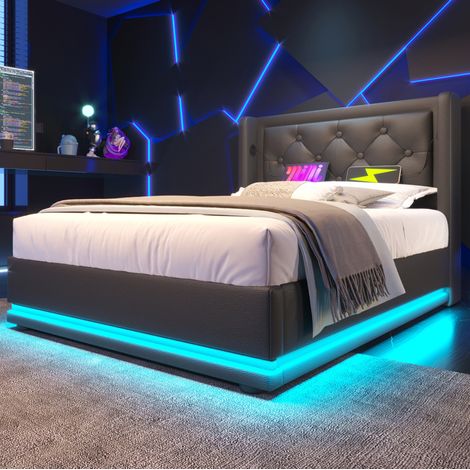 Cama con almacenaje USB y LED 90x200 PU negro OKMYHOME (1/5)