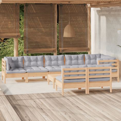 INLIFE Salon de jardin 9 pcs avec coussins gris Bois de pin massif (1/5)
