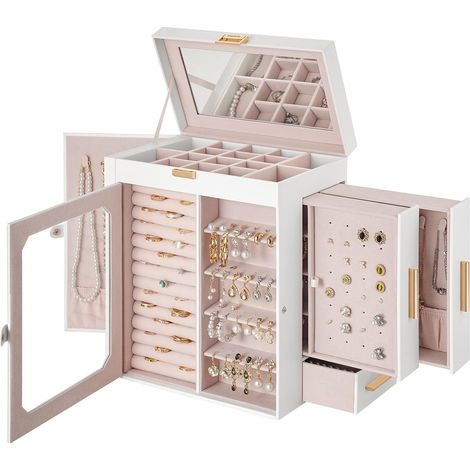 Boîte à Bijoux avec miroir, Coffre à Bijoux de voyage avec vitrine, rangement vertical, pour boucles d’oreille, bagues, colliers, bracelets, Blanc EWT03JB04G2 (1/5)