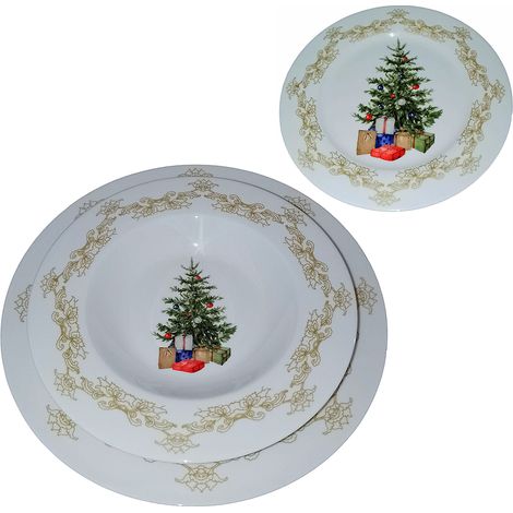 Servizio Piatti 18 Pezzi in Porcellana Bone China per 6 Persone Decoro natale  Albero di Natale con Pacchi Regalo Motivo Natalizio con Rifiniture Oro Idee Regalo Natale casa