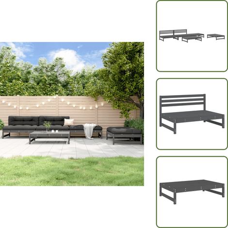 5-tlg. Garten-Lounge-Set Grau Massivholz Kiefer - Gartenmöbel - Loungesessel - Gartenloungeset - Rattan Möbel - Outdoor Furniture (1/5)