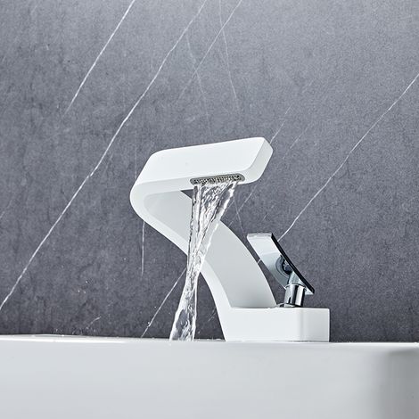 Moderner Wasserfall-Waschtischarmatur für Badezimmer, Einhebel-Mischbatterie, Badezimmer-Wasserhahn, Messing-Wasserhahn, weiß (mit Schlauch) (1/5)