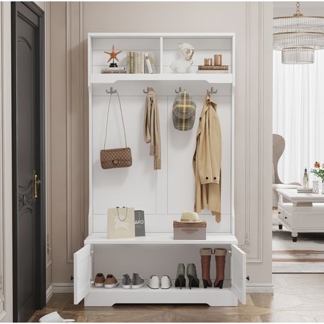 MEUBLIV Mobile da ingresso bianco 101,5x47x183 cm con panca, 4 ganci e vano contenitore (1/5)