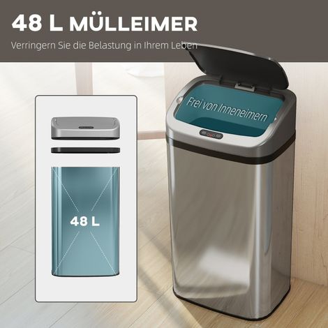 Poubelle intelligente 48 L avec capteur pour cuisine ou bureau, ouverture et fermeture automatiques, acier inoxydable argenté (1/5)