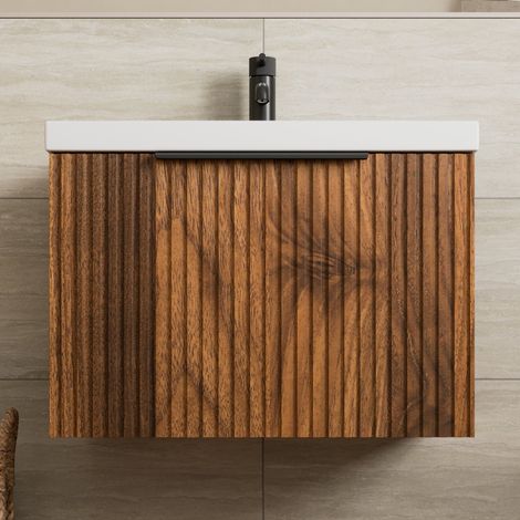 Fluted 600mm Bathroom Vanity Unit Basin Wall Hung Cupboard Soft Close Walnut (1/5)