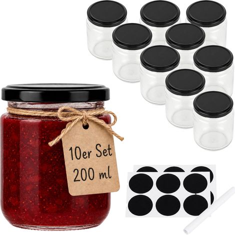 Relaxdays Einmachgläser, 10er Set, 200 ml, Twist Off Deckel, Einkochen & Einmachen, Einkochgläser, transparent/schwarz