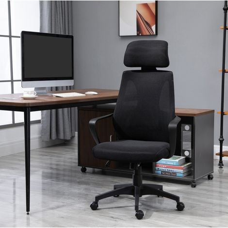 Silla de oficina negra de poliéster con respaldo de malla, reposacabezas ajustable y función basculante (1/5)