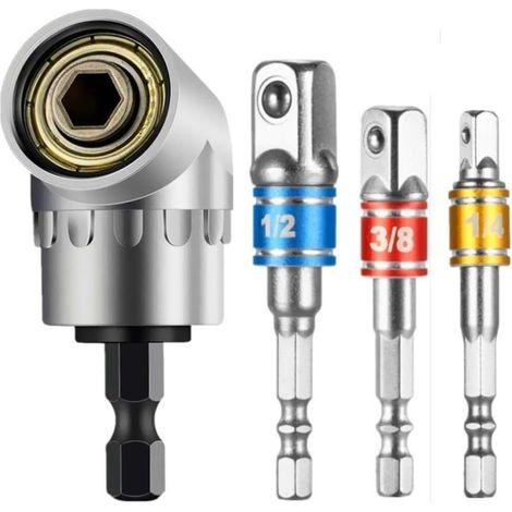 Accesorio de destornillador de ángulo recto de 105°, adaptador de destornillador hexagonal + adaptador de vaso (1/4", 3/8", 1/2") Punta de destornillador angular para destornillador manual y eléctrico