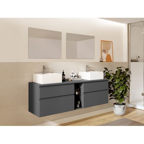 Meuble de salle de bain suspendu avec double vasque et miroirs - Gris - 150 cm - MAGDALENA II (1/4)