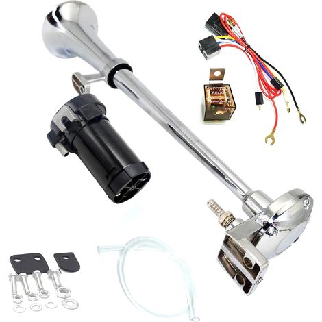 Klaxon de voiture Air Horn 12V Car Horn 150db Klaxon de camion 45cm Trompette en zinc chromé avec compresseur pour tous les véhicules 12V camions trains voitures bateaux ect (1/5)