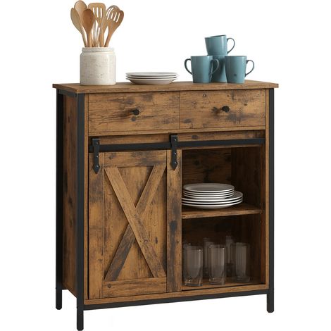 Credenza Relaxdays con porta scorrevole, HLP: 80 x 70 x 30 cm, 4 scomparti, armadio per cucina e soggiorno, marrone/nero