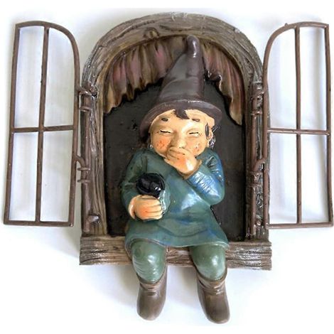 Gnome rieur assis sur un rebord de fenêtre, décoration murale 3D en résine pour la maison