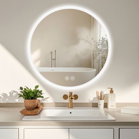 Badspiegel mit Beleuchtung rund 70 cm, dimmbar, 3 Lichtfarben, Anti-Beschlag, Silber HAVRYA (1/5)