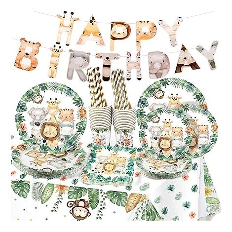 Vaisselle fête Safari Jungle 25 invités assiettes papier tasses papier serviettes pailles jetables décoration anniversaire garçon vert (1/5)