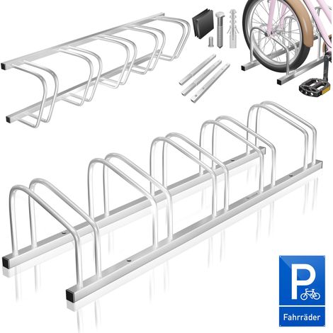 KESSER® Aparcabicicletas incl. señal de aparcamiento  Soporte múltiple con 37 cm de distancia entre ejes para neumáticos de 30-65 mm de ancho  Soporte de pie para bicicletas  Plata / 5 bicicletas
