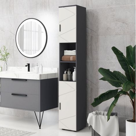Mueble de baño columna estrecha moderno de madera gris oscuro 30 x 30 x 183 cm con 2 puertas, 2 huecos abiertos y estantes ajustables (1/5)