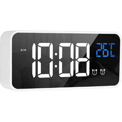 LED-Spiegelwecker mit zwei Weckzeiten, wiederaufladbar, Sprachsteuerung, digital, geeignet für Schlafzimmer und Nachttisch, weiß (1/5)