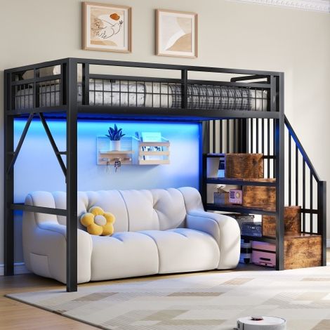 Modernluxe - Lit mezzanine 90 x 200 cm - Structure en fer - Éclairage LED - Escalier - Noir (matelas non inclus) (1/5)