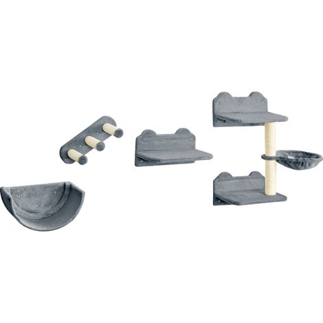Árbol rascador para gatos, material de sisal, diseño de tres niveles, montaje en pared, uso en interiores, color gris. (1/5)