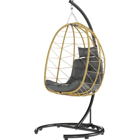 Chaise suspendue et pliante avec coussins, en acier et rotin PE, 102 x 102 x 195 cm, noir, gris et beige