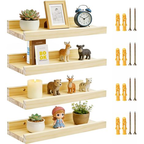 Lot de 4 Étagère Murale Bois 30 × 12 × 4 cm Etagères Flottantes Form de U  avec Bord de Protection Tablette Bois Murale avec Vis et Tubes D'expansion pour Salon Chambre Salle de Bain Décoration (1/5)