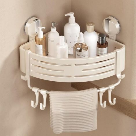 Panier de douche d'angle, étagère de douche avec ventouse, organisateur de douche d'angle sans perçage avec porte-serviettes et crochets (une pièce, blanc ivoire)-AquaForge (1/5)