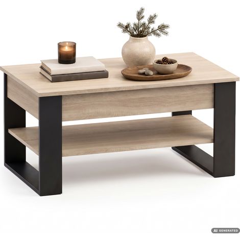 Mesa de centro elevable DENVER 92 cm rectangular con estante Roble Sonoma patas negras (1/5)