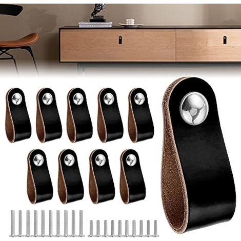 QINERSAW Lot de 10 poignées de porte de meuble en cuir noir, 20 vis, simples et élégantes, 14 x 2,5 cm, ambidextres, utilisation intérieure (1/5)