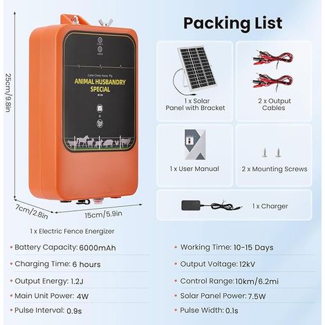 Énergiseur de Clôture Électrique Solaire 10km, 1.2J 12kV Chargeur de Clôture Rechargeable avec Panneau Solaire