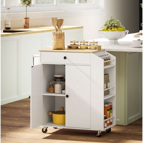 Îlot de cuisine mobile avec plan de travail, tiroir, meuble 2 portes, étagère réglable, range-épices, porte-serviettes, blanc et bois clair - CHICFURN (1/5)