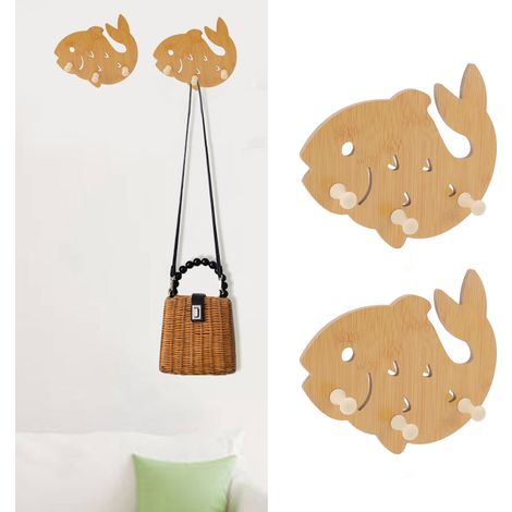 Set aus 2 hölzernen, fischförmigen Wandhaken, Handtuch- und Garderobenständer fürs Badezimmer (1/5)