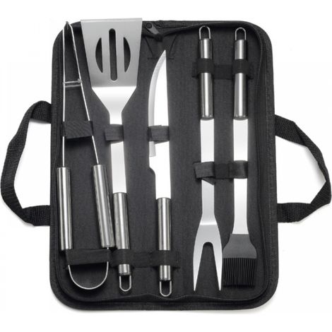 Grillutensilien aus Edelstahl: Zange, Fleischgabel, Bratenpinsel, Spatel, Messer + Tragetasche für Picknick, Camping, Barbecue (1/5)