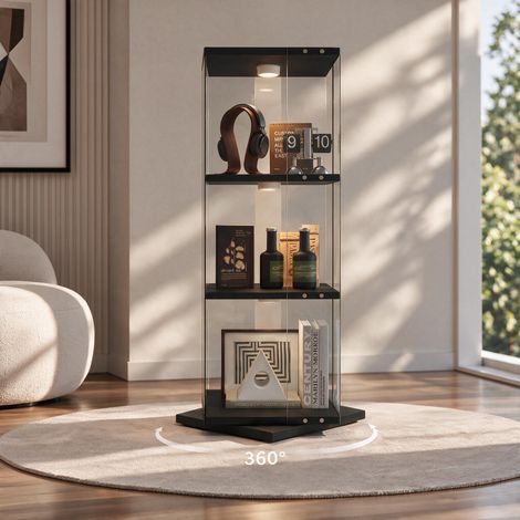 Vitrine d'exposition rotative 360°, Verre 3 Niveaux 121 cm avec LED RGB, Anti-basculement, Verre trempé et bois, Noir (1/5)