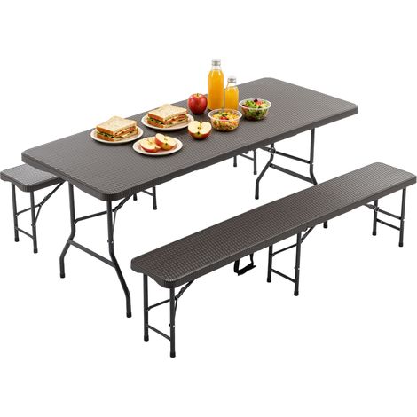 Table de pique-nique pliante 6 places avec 2 bancs, plateau HDPE brun motif bois, sécurité renforcée, résistante à l’eau et aux UV pour jardin, camping et terrasse - CHICFURN (1/5)