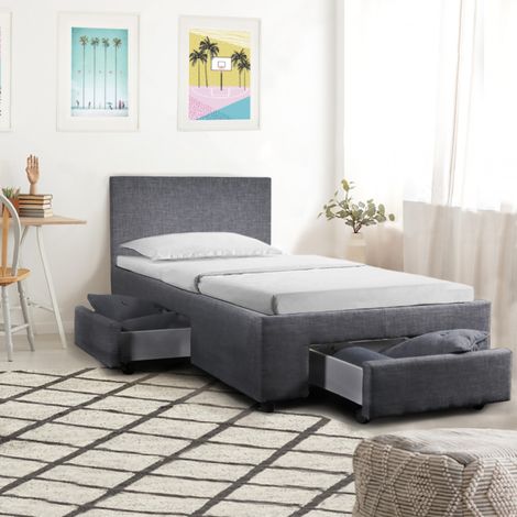 Lit LUGANO 90x190 cm – 1 sommier 12 lattes en bois – 2 tiroirs de rangement sur roulettes – Gris foncé – Hauteur 34 cm – Weber Industries (1/4)