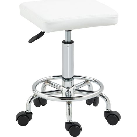 Tabouret rotatif réglable rembourré avec repose-pieds roulettes blanc 34x34x50-66 cm