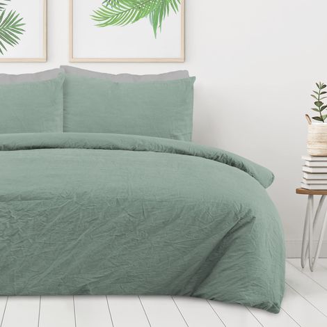 Parure de lit avec Housse de Couette et taies d'oreiller 100% Pur Coton uni Vert Sauge Doux et Facile d'entretien – Double (200 x 200 cm) (1/5)