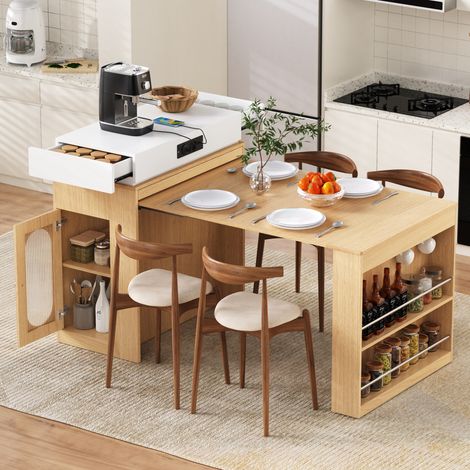 Tavolo da pranzo allungabile in MDF, PB e vetro naturale 83x46-146,5x96 cm con prese integrate (1/5)