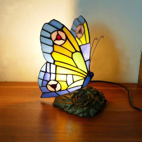 Lampe de table de style Tiffany ornée de papillons, en vitrail vintage, petite lampe de lecture, idéale pour une table de chevet, une chambre ou un bureau à domicile. (1/5)