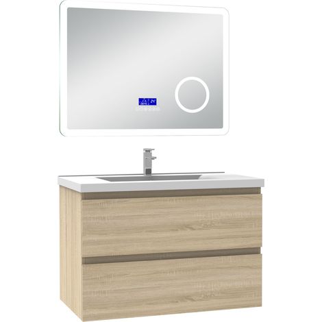Acezanble ensemble meuble 80 cm Chêne Wotan avec 2 tiroirs à fermeture automatique, lavabo céramique simple + miroir salle de bain Bluetooth tricolore, suspendu