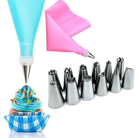 Ensemble de 14 douilles en acier inoxydable, poche à douille et adaptateur, accessoires de pâtisserie en silicone pour glaçage, crème et décoration de desserts et gâteaux rose