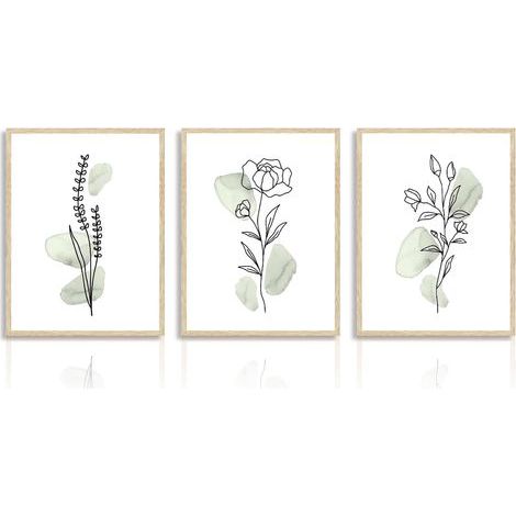 Moderne minimalistische Leinwandbilder mit Blumenmotiven, Vintage-Wandbilder in Salbeigrün, Aquarell-Blumenposter 30 x 40 cm, ungerahmt, 3er-Set (1/5)