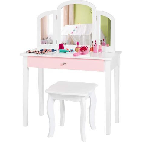 COSTWAY Set Toeletta Trucco - Sedia per Bambini, 3 Specchio e Cassetto Grande, 95 x 70 x 34 cm, Specchiera Bambina, Bianco (1/5)